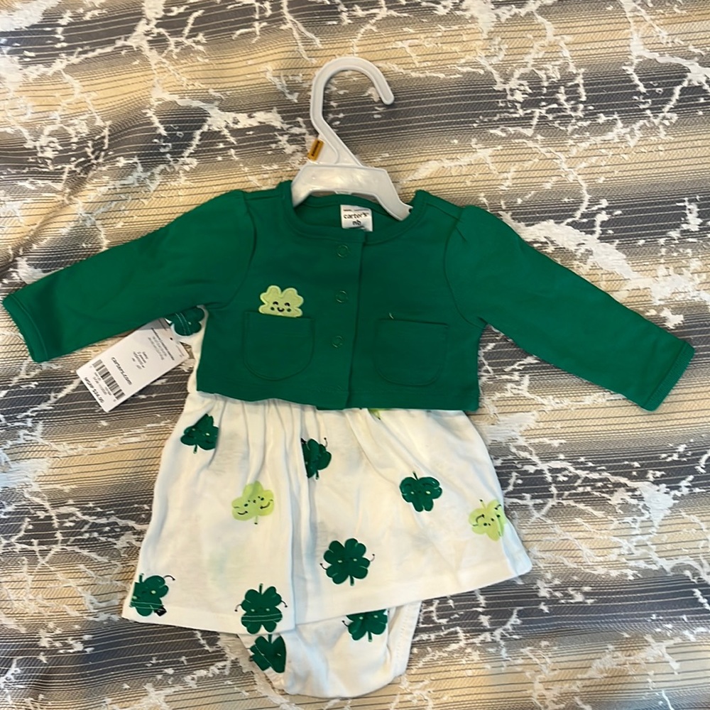 NWT 2 piece Newborn St Paddy’s Day Onsie with Attached Skirt and Cardigan + Bib